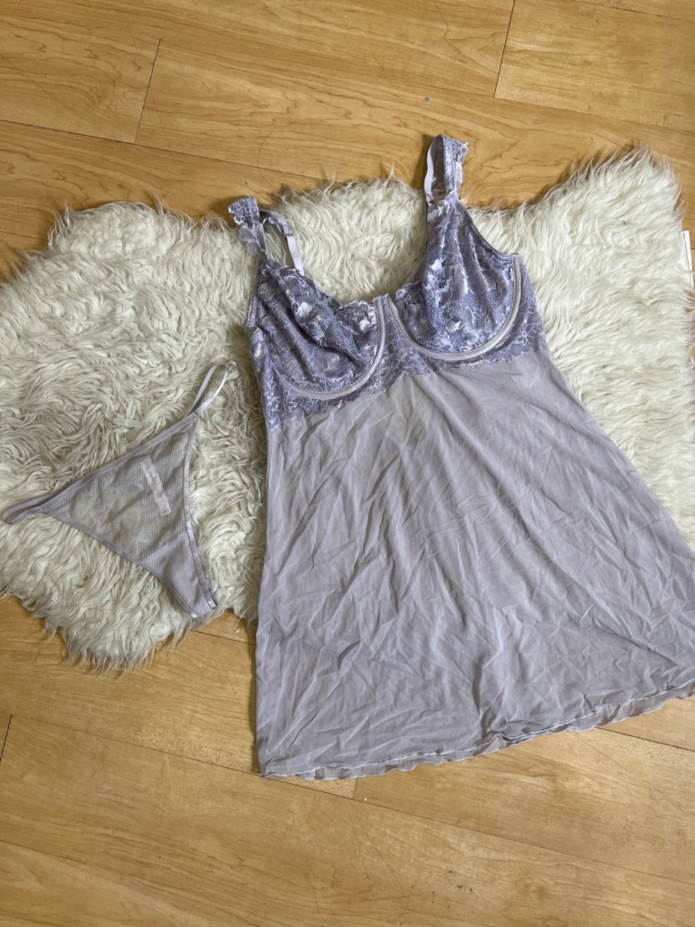 Auden Lavender Lace-Trim Chemise with Matching Thong